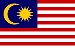 [ai] The flag of Malaysia featuring thirteen alternating red and white stripes and a blue canton with a yellow crescent and a yellow 14-pointed star.
